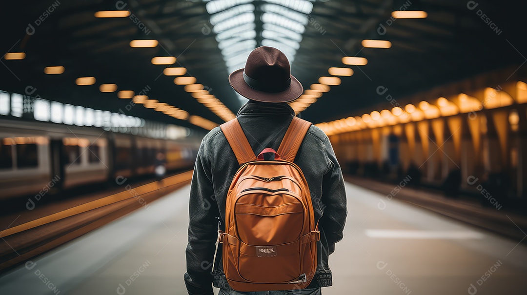 Homem de chapéu e mochila esperando um trem na estação.