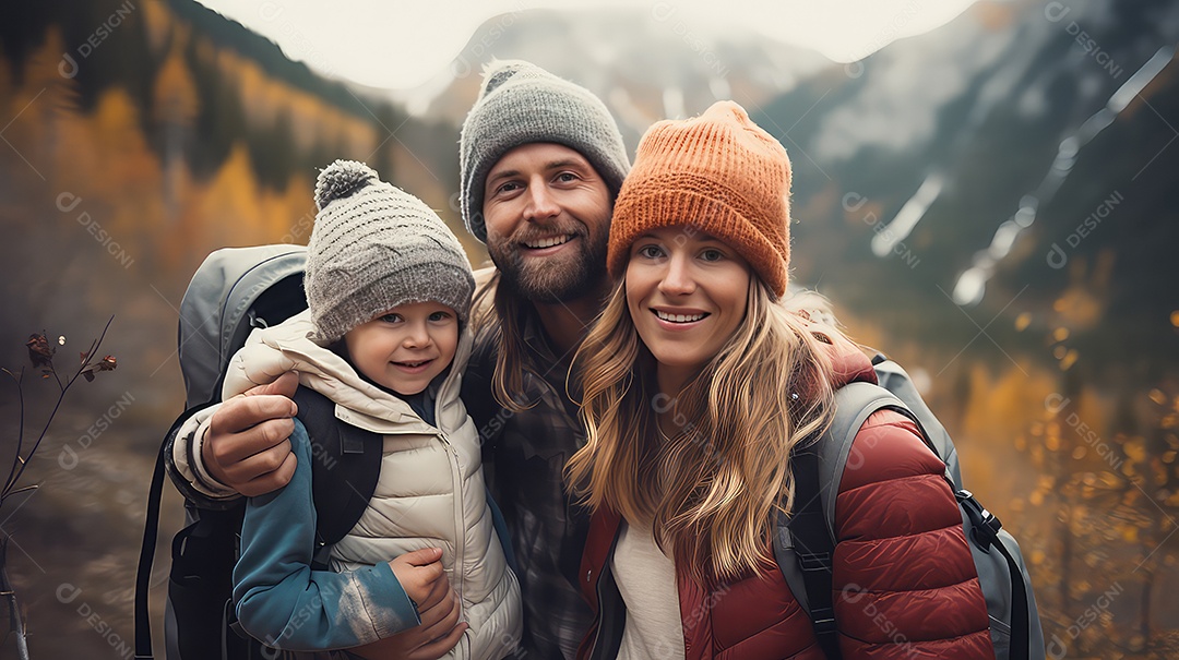 Família feliz sentada no topo de uma montanha e olhando para a câmera.