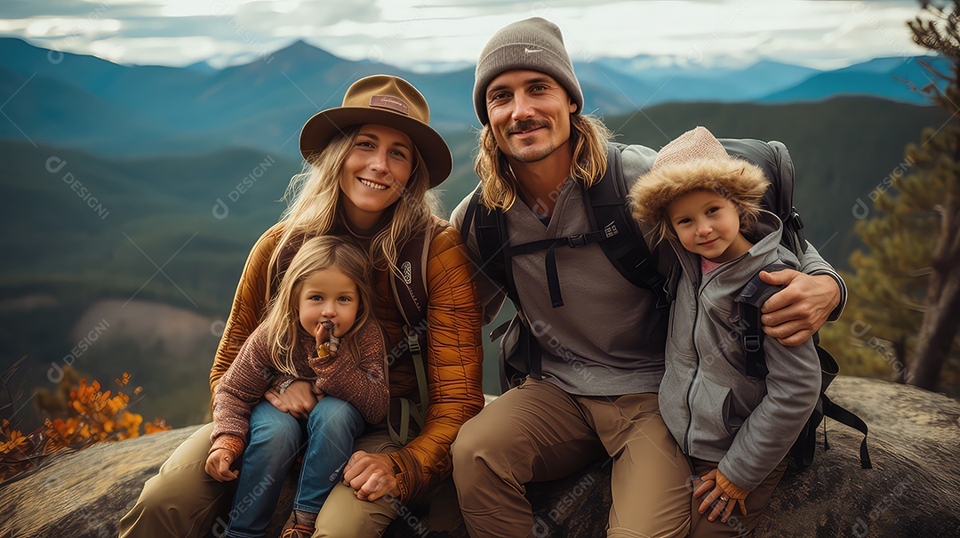 Família feliz sentada no topo de uma montanha e olhando para a câmera.