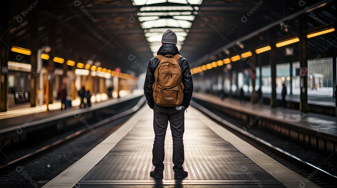 Homem com mochila e chapéu em pé na plataforma da estação de trem.