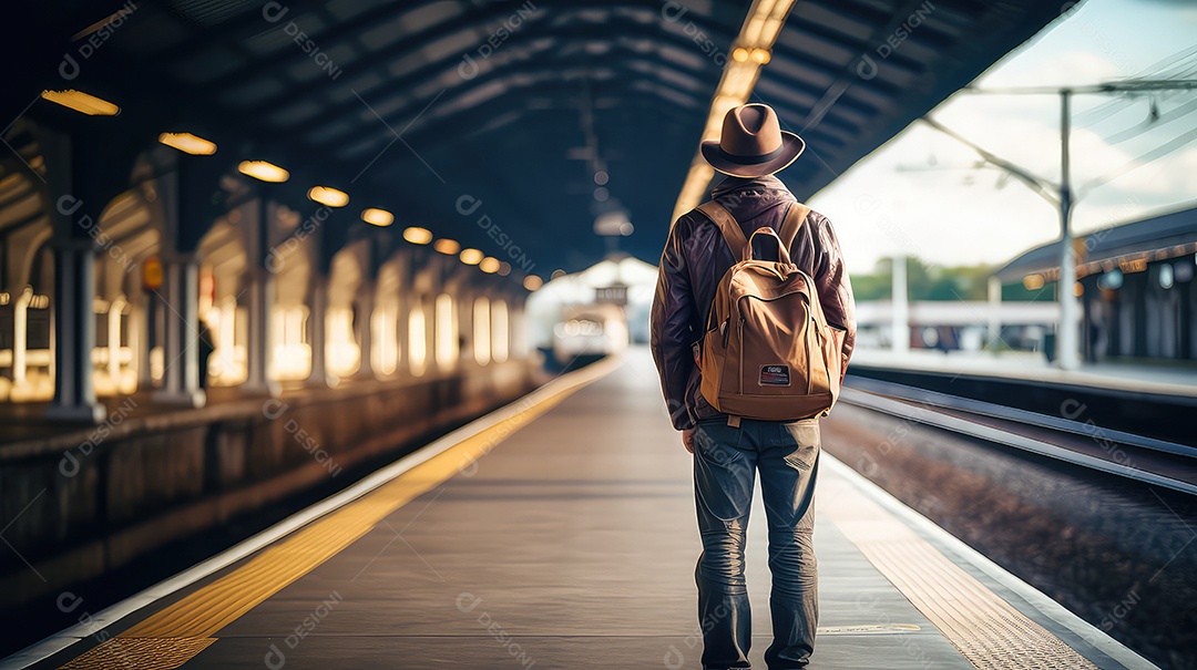 Homem com mochila e chapéu em pé na plataforma da estação de trem.