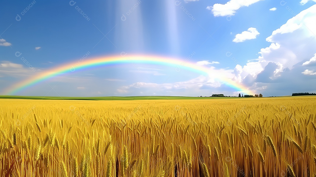Arco-íris sobre o campo de trigo e o céu azul