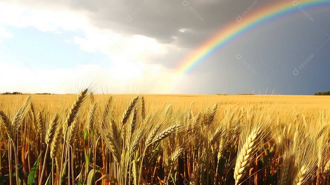 Arco-íris sobre o campo de trigo e o céu azul