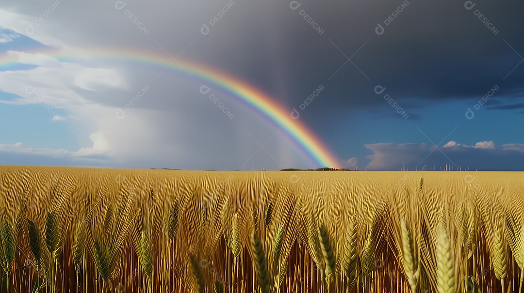 Arco-íris sobre o campo de trigo e o céu azul