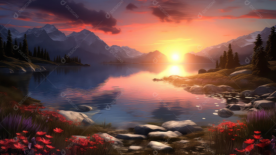 Bela paisagem com lago e montanhas ao pôr do sol