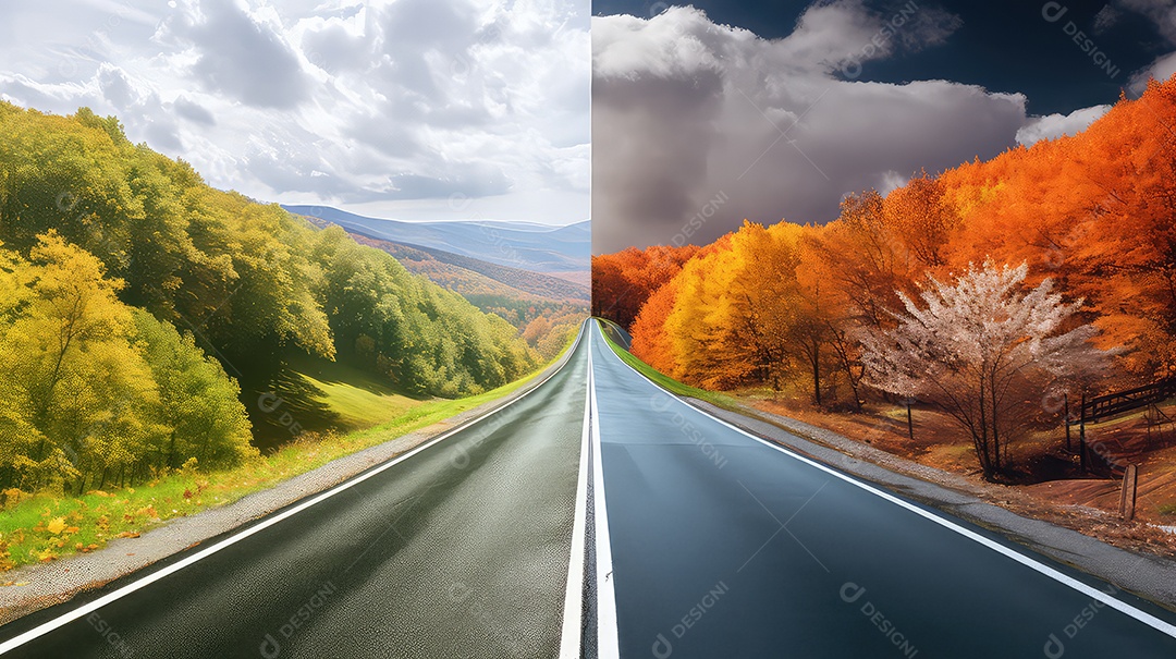 Paisagem de outono com estrada de asfalto e floresta colorida