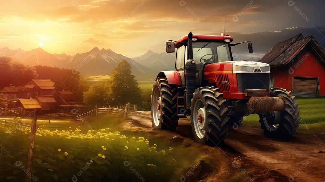 Trator no campo ao pôr do sol. Paisagem agrícola com trator