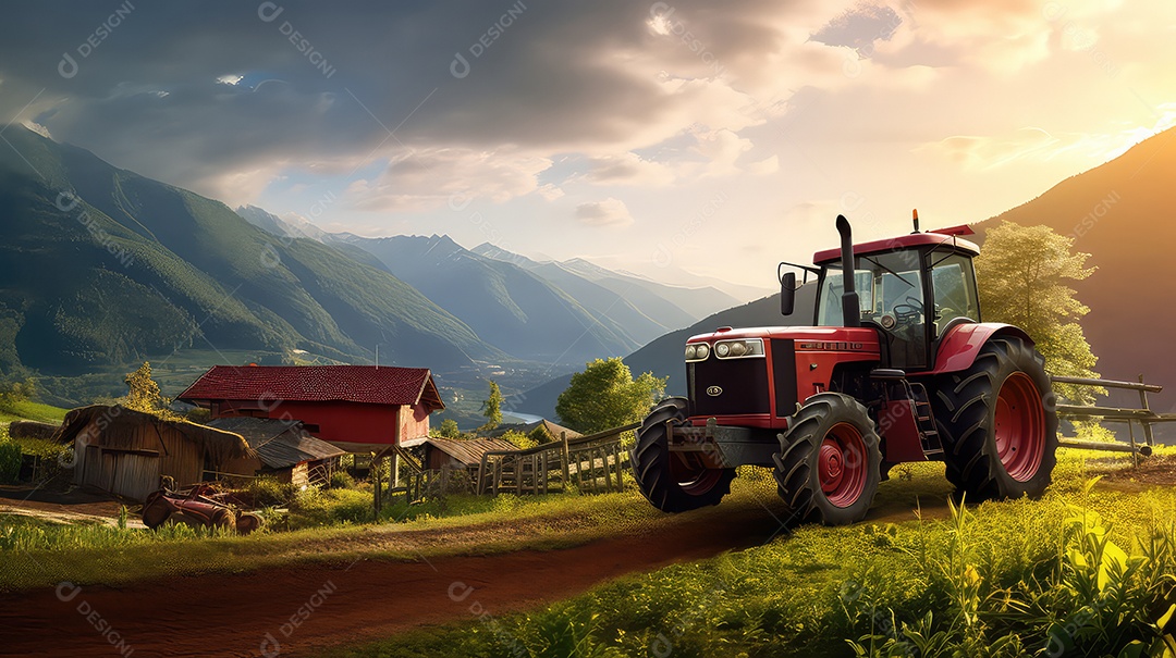 Paisagem com trator e montanhas.