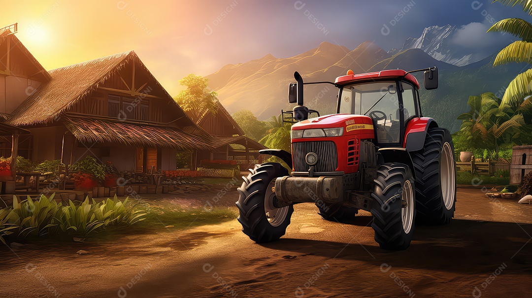 Trator na frente da casa ao pôr do sol