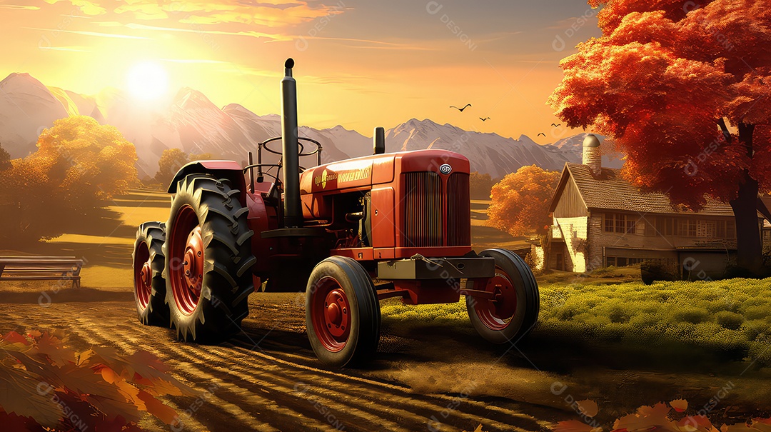 Trator na frente da casa ao pôr do sol