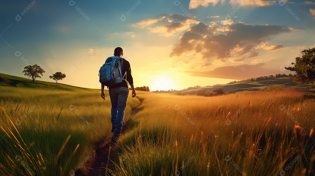 Uma mulher com uma mochila nas costas caminha por um prado ao pôr do sol.