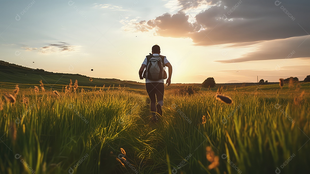 Uma mulher com uma mochila nas costas caminha por um prado ao pôr do sol.