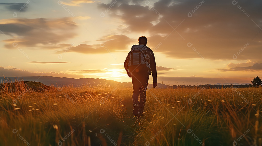 Homem com mochila caminhando nas montanhas ao pôr do sol