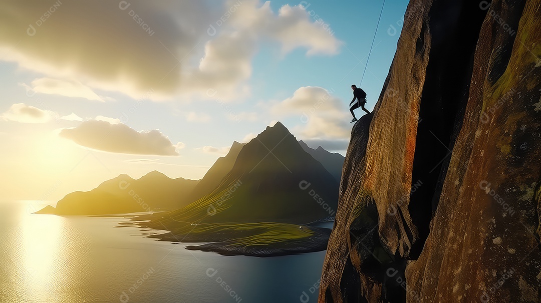 Alpinista em um penhasco ao pôr do sol
