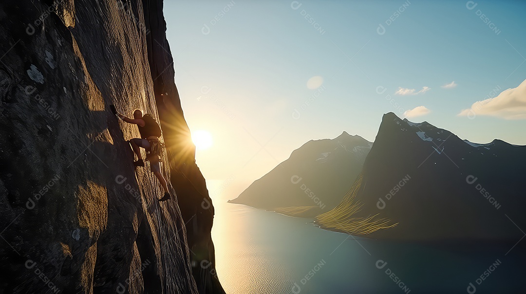 Alpinista no penhasco um homem escalando uma montanha.