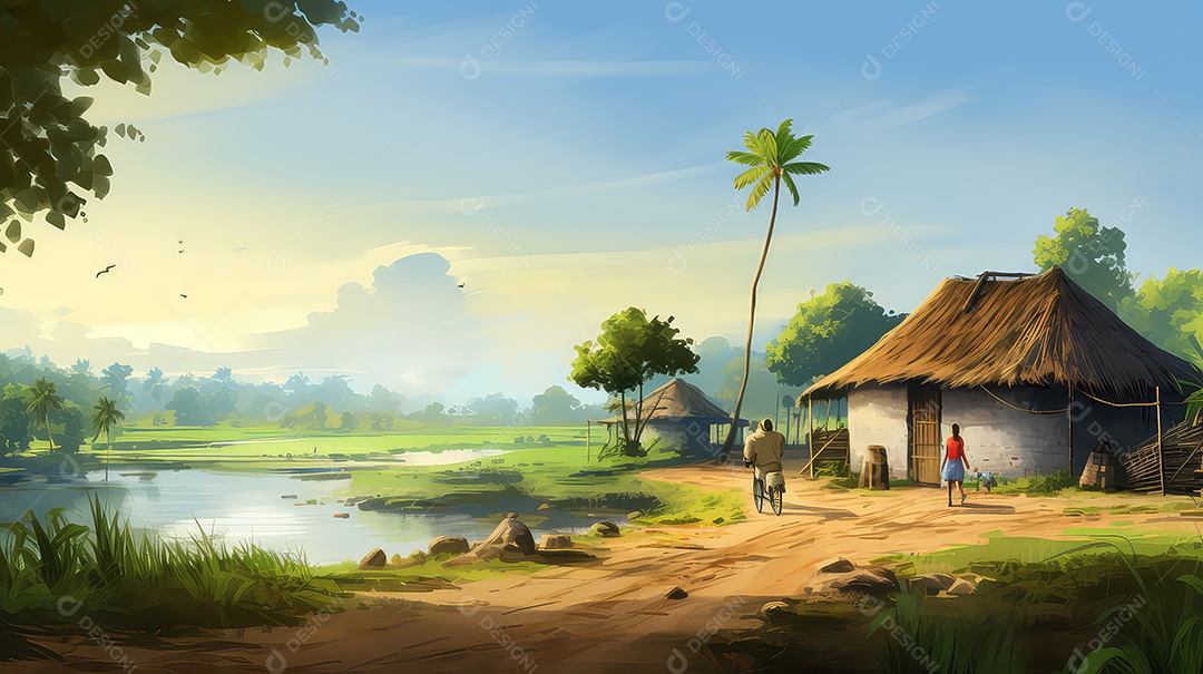 Aldeia no meio da selva com cabana de palha