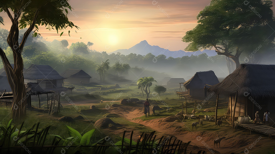 Aldeia na selva ao amanhecer com neblina