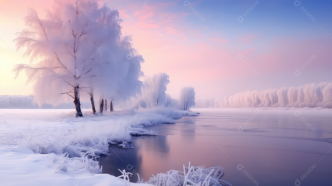 Paisagem de inverno com árvores cobertas de neve e lago