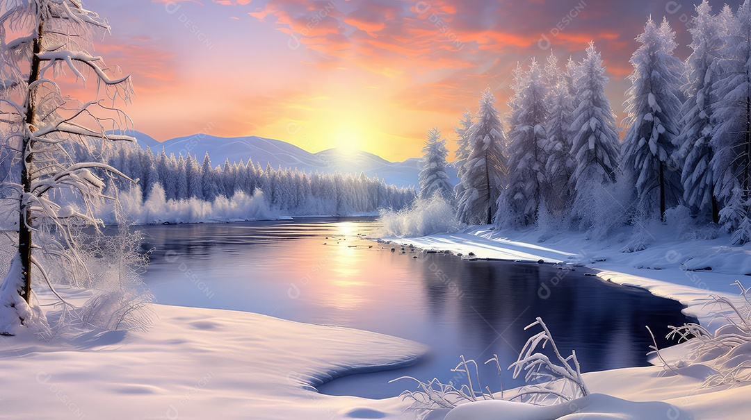 Paisagem de inverno com rio e floresta ao pôr do sol.