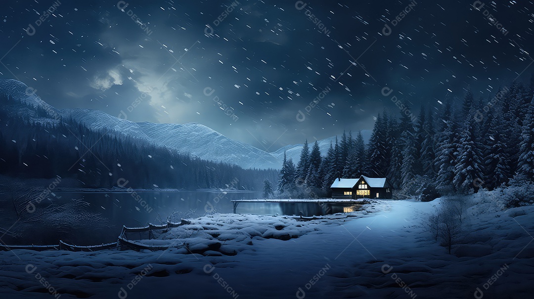 Paisagem de inverno de conto de fadas com casa de madeira no lago à noite