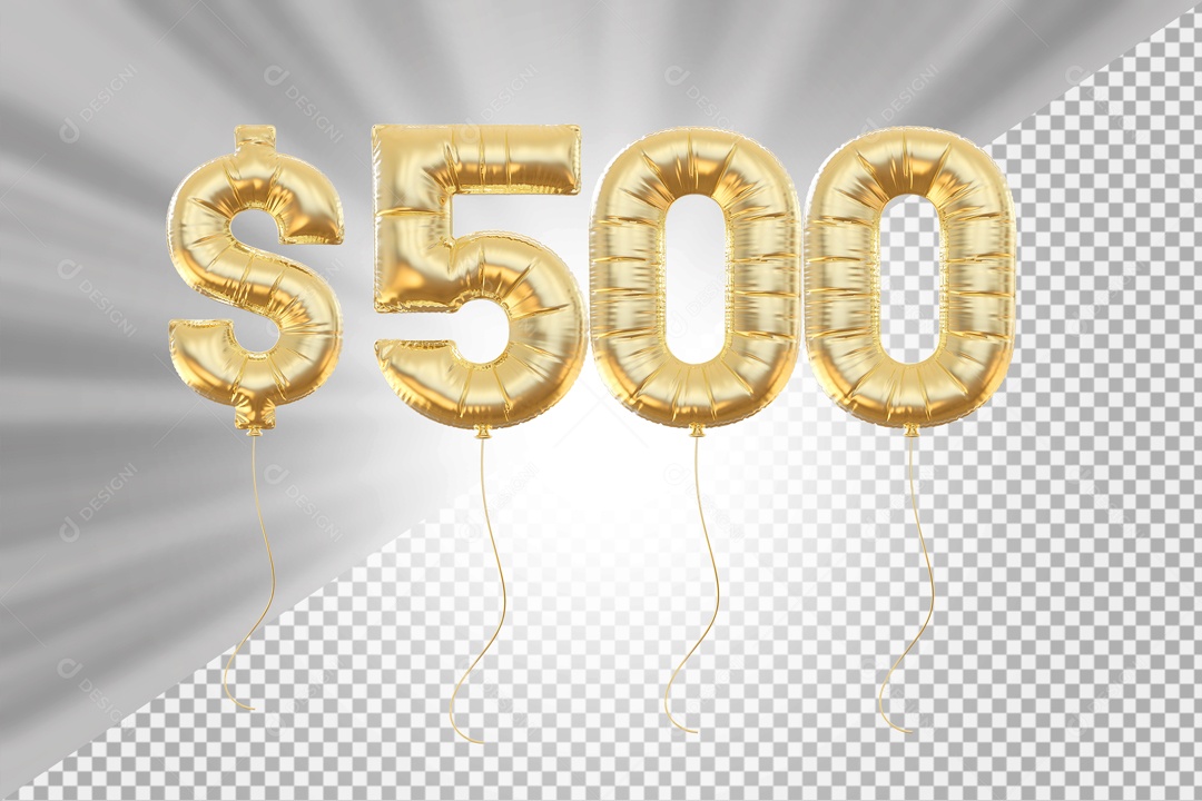 Número 500 com Cifrão Elemento 3D Dourado para Composição PSD
