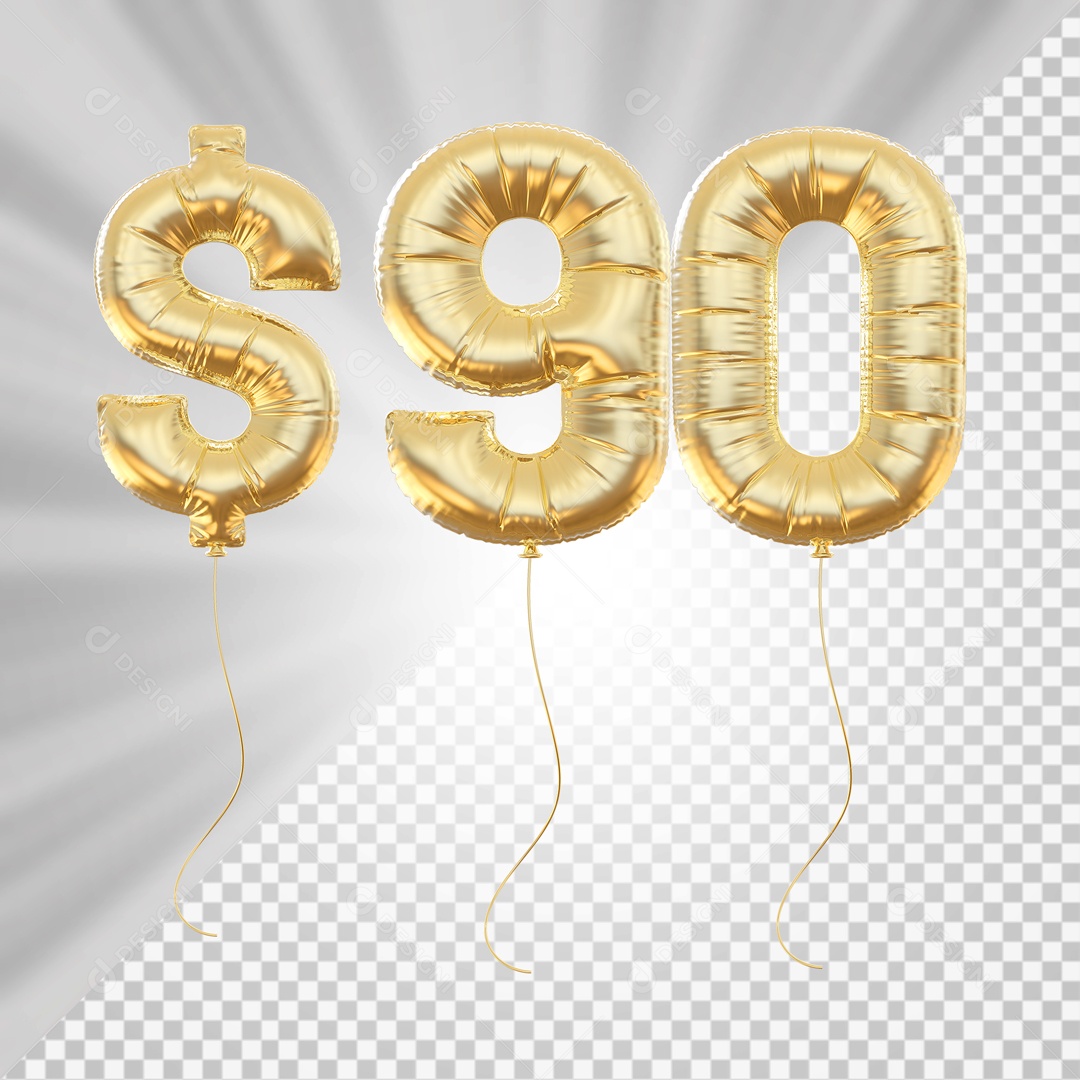 Número 90 com Cifrão Elemento 3D Dourado para Composição PSD