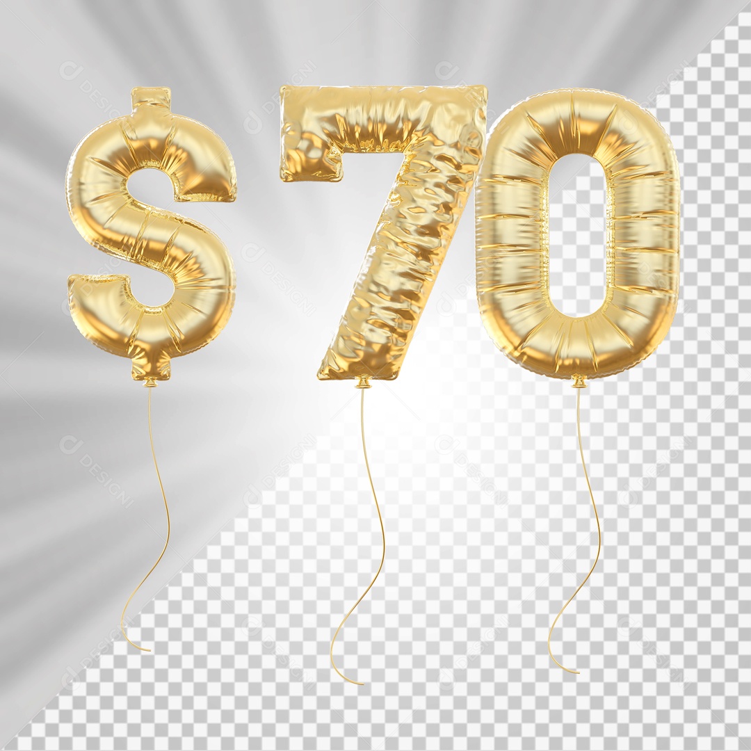 Número 70 com Cifrão Elemento 3D Dourado para Composição PSD