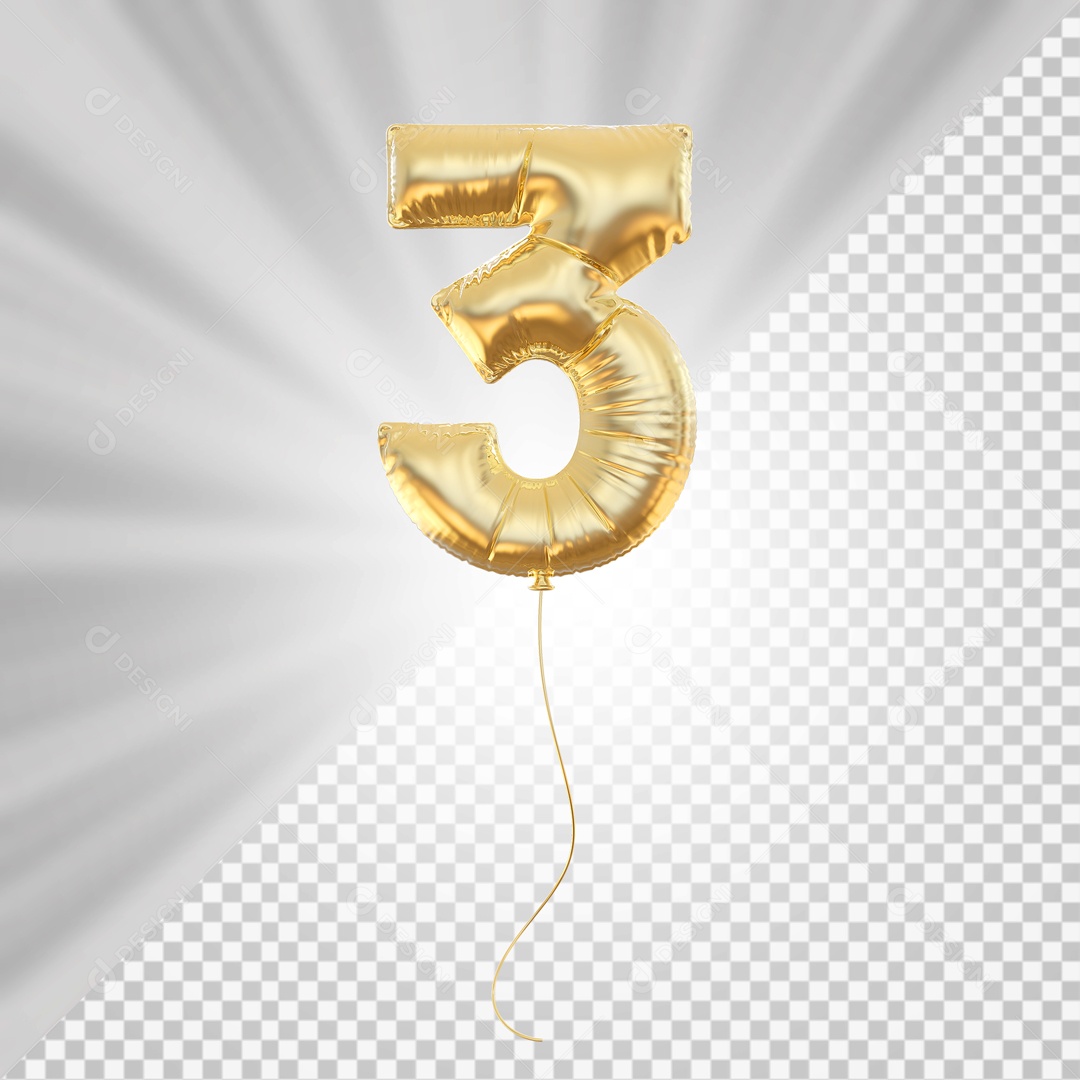 Balão Número 3 Elemento 3D Dourado para Composição PSD