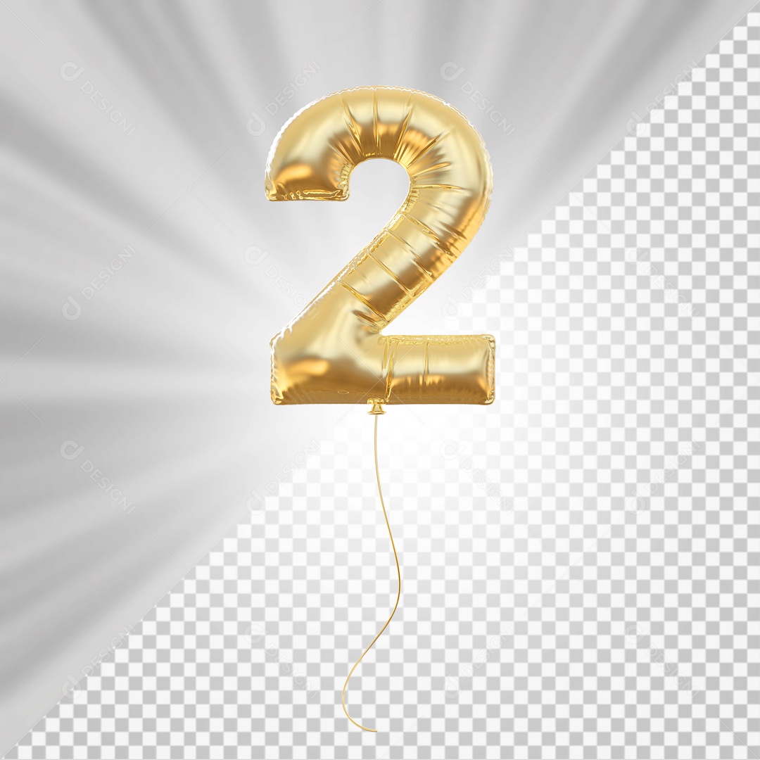 Balão de Número 2 Dourado Elemento 3D para Composição PSD