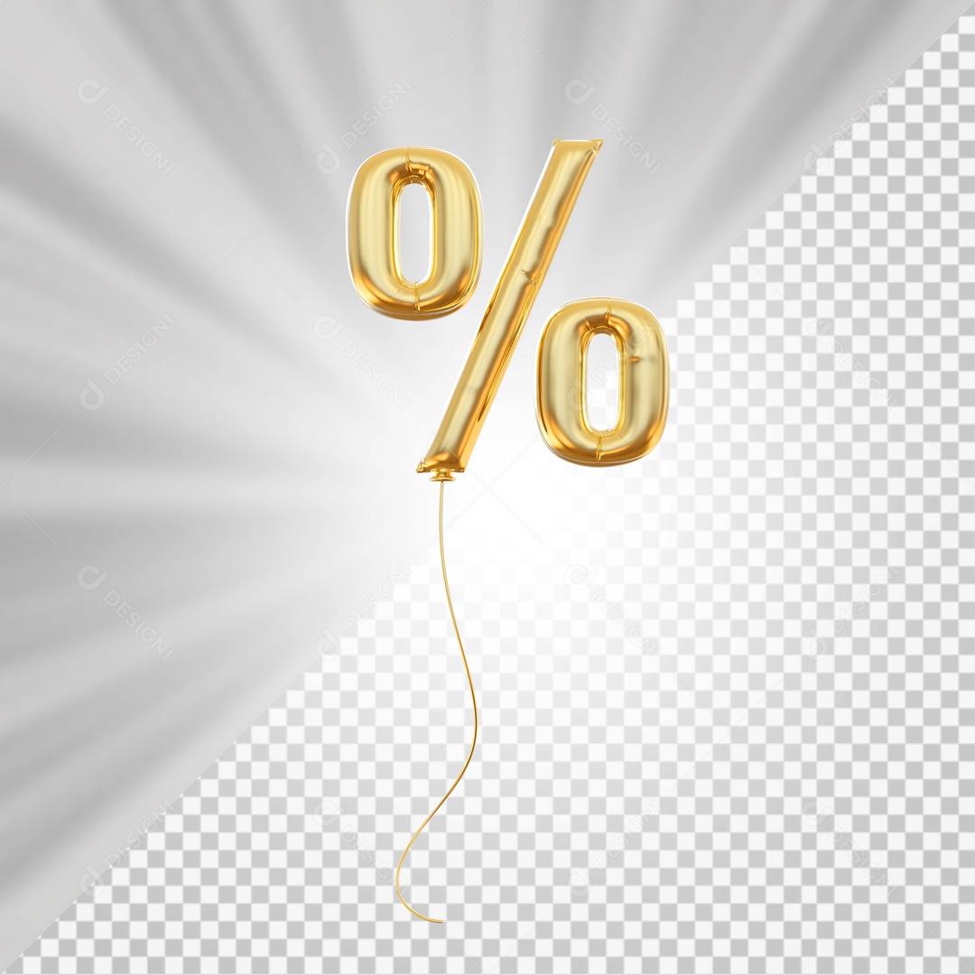 Balão Símbolo de Porcentagem Elemento 3D Dourado para Composição PSD