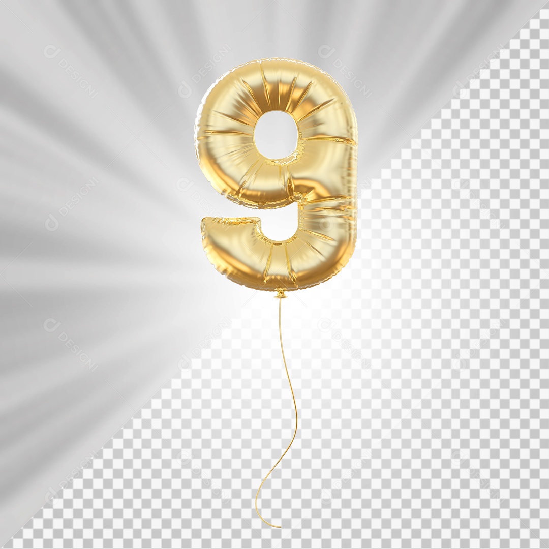 Balão Número 9 Elemento 3D Dourado para Composição PSD