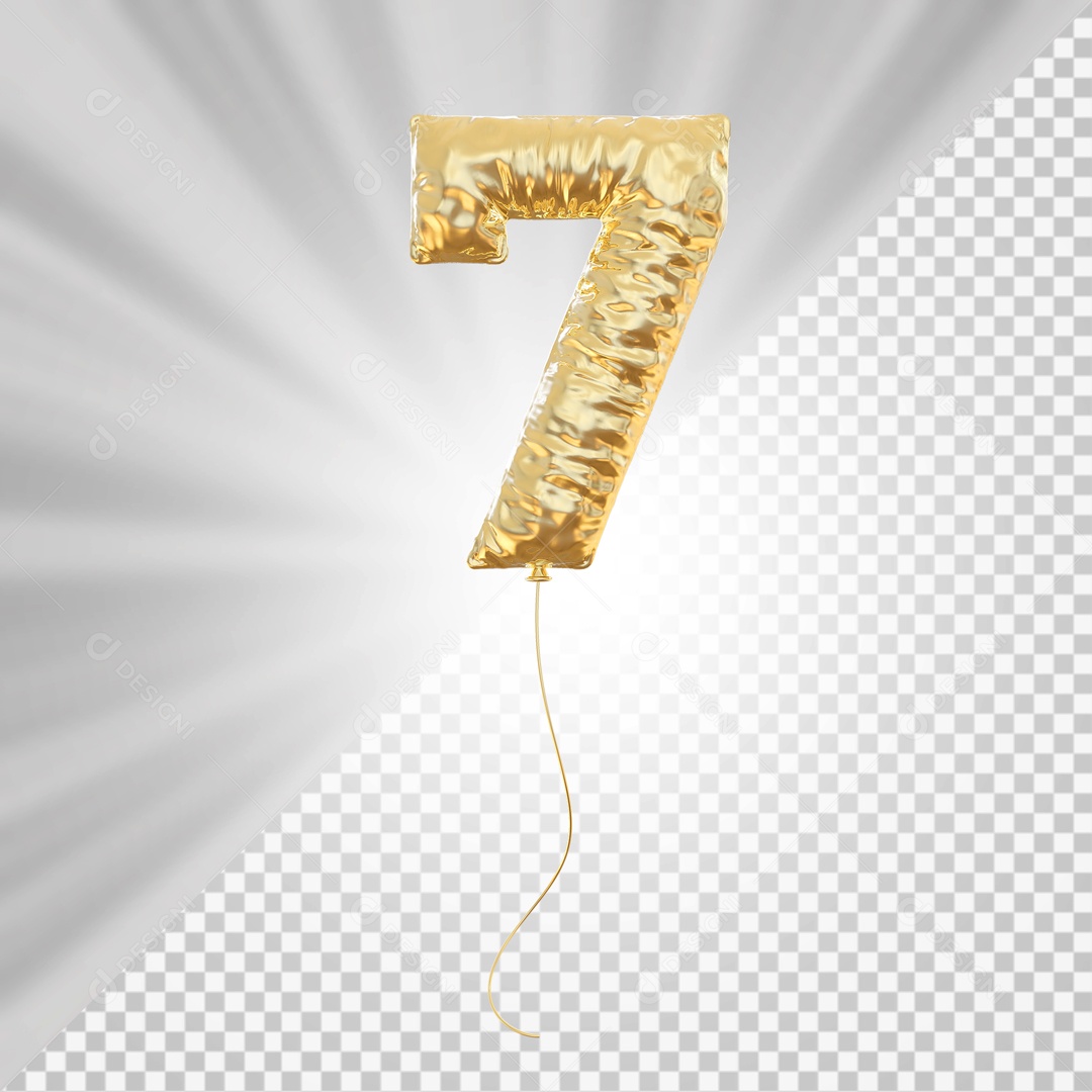 Balão de Número 7 Dourado Elemento 3D para Composição PSD