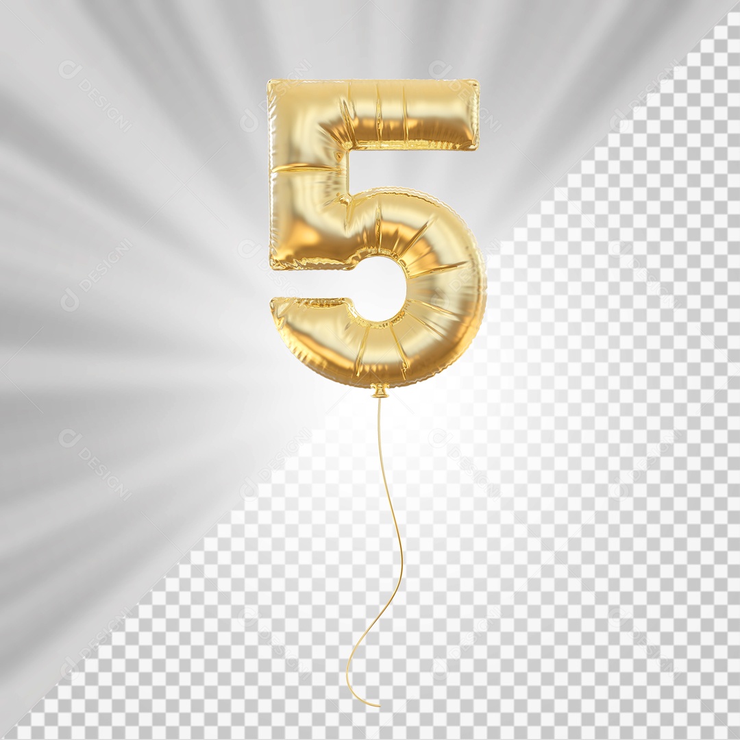 Balão Número 5 Elemento 3D Dourado para Composição PSD