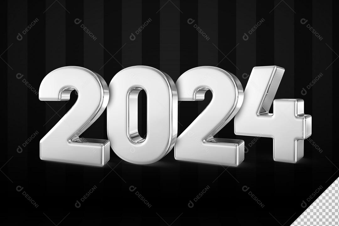Ano Novo 2024 Número 3D Prata para Composição PSD