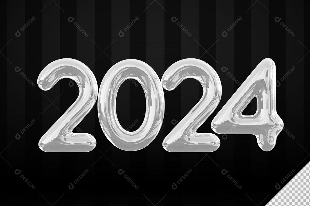 Número 2024 Prata de Ano Novo Elemento 3D para Composição PSD