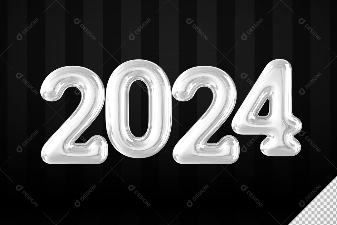 Número 2024 Prata de Ano Novo Elemento 3D para Composição PSD