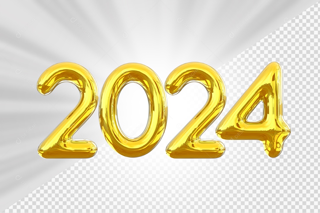 Número 2024 Ano Novo Elemento 3D Dourado para Composição PSD