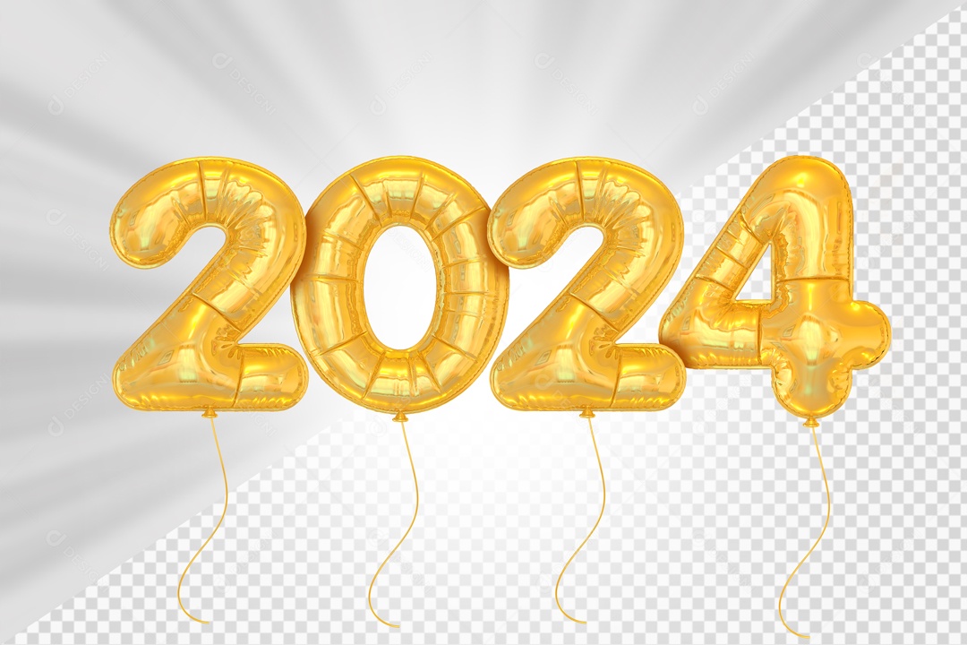 2024 Balões Dourado Elemento 3D para Composição PSD