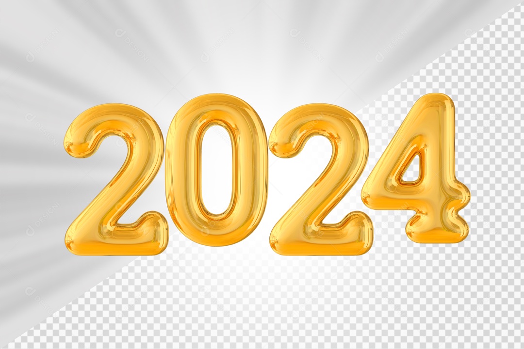 Número 2024 Dourado de Ano Novo Elemento 3D para Composição PSD