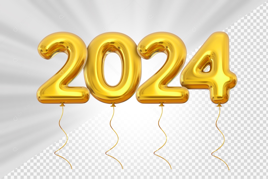 Balões 2024 Dourado Elemento 3D para Composição PSD
