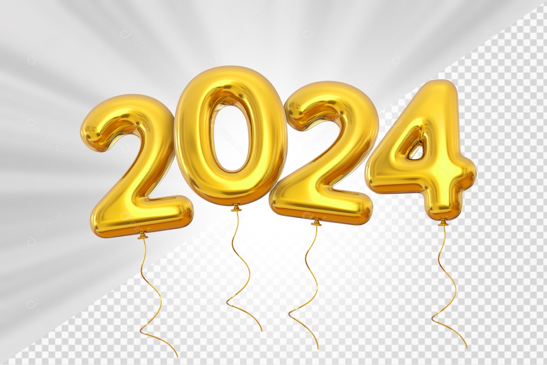 Balões 2024 Elemento 3D Dourado para Composição PSD