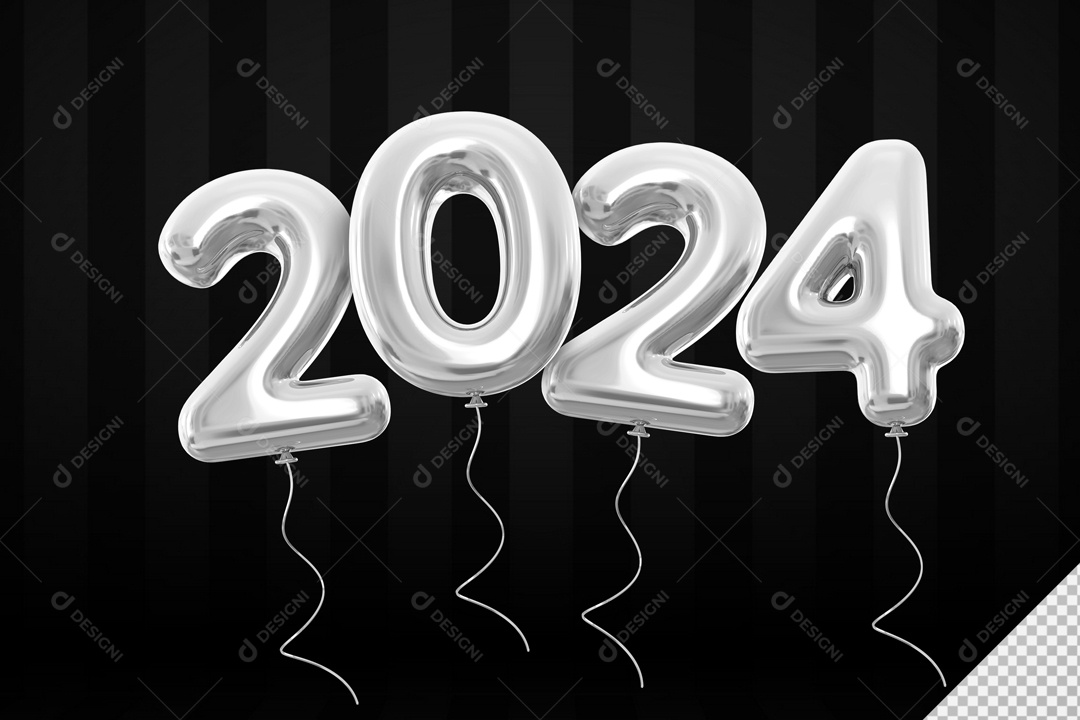 Balões 2024 Elemento 3D Prata para Composição PSD
