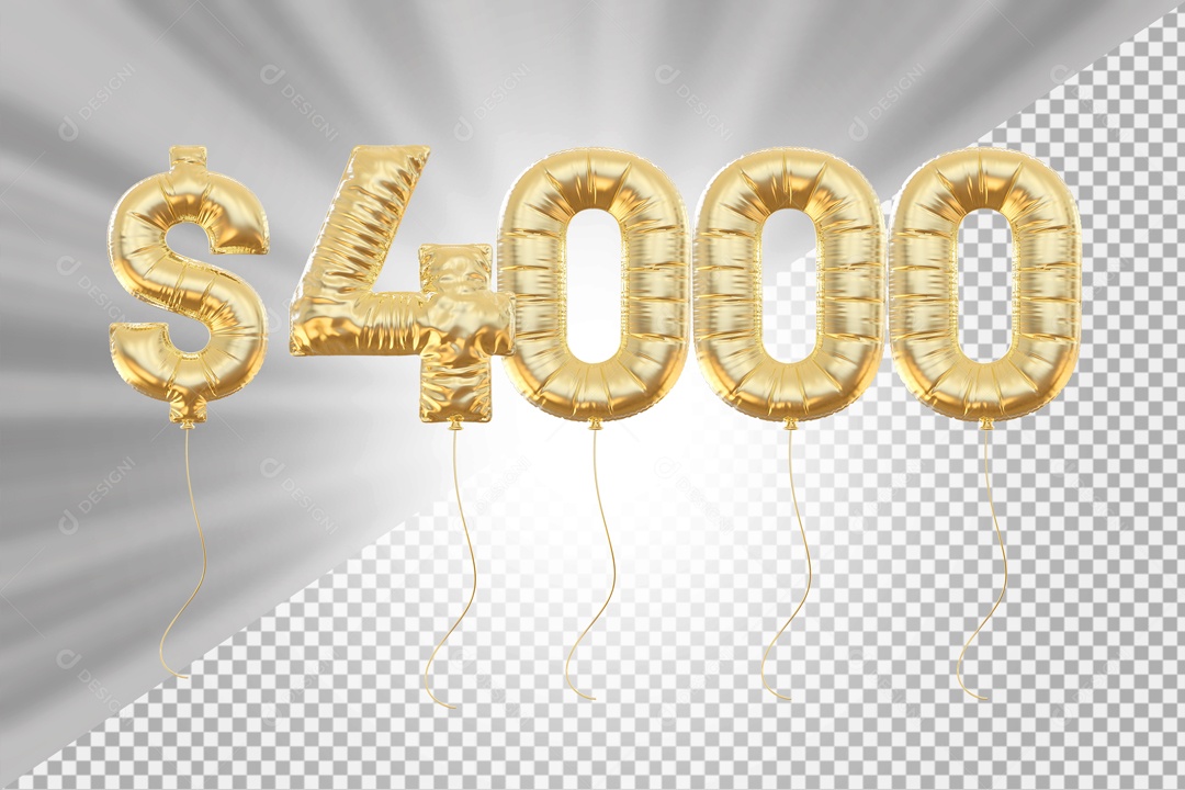 Balões Número 4000 com Cifrão Dourado Elemento 3D para Composição PSD