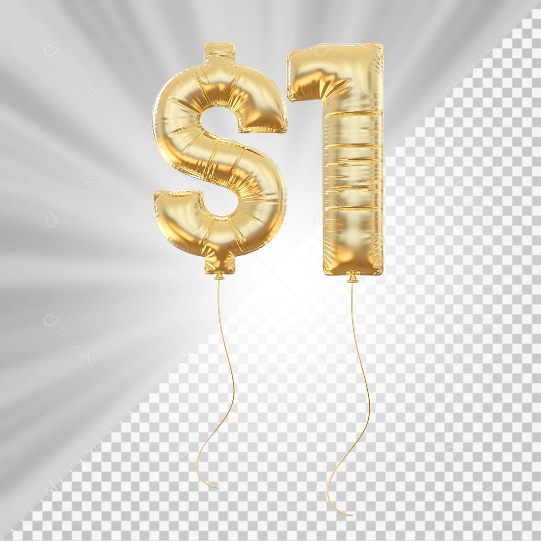 Balões Número 1 com Cifrão Elemento 3D para Composição PSD