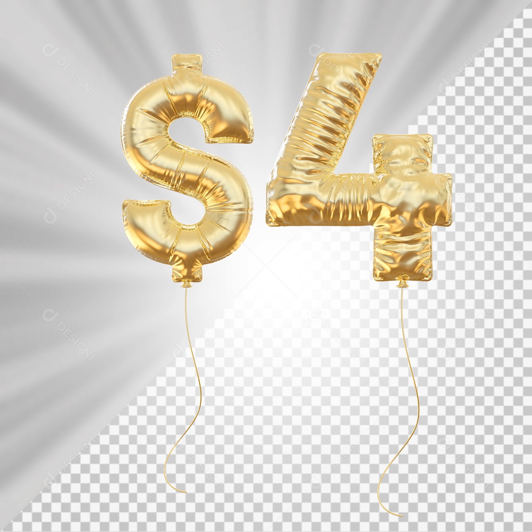 Balões Número 4 com Cifrão Dourado Elemento 3D para Composição PSD