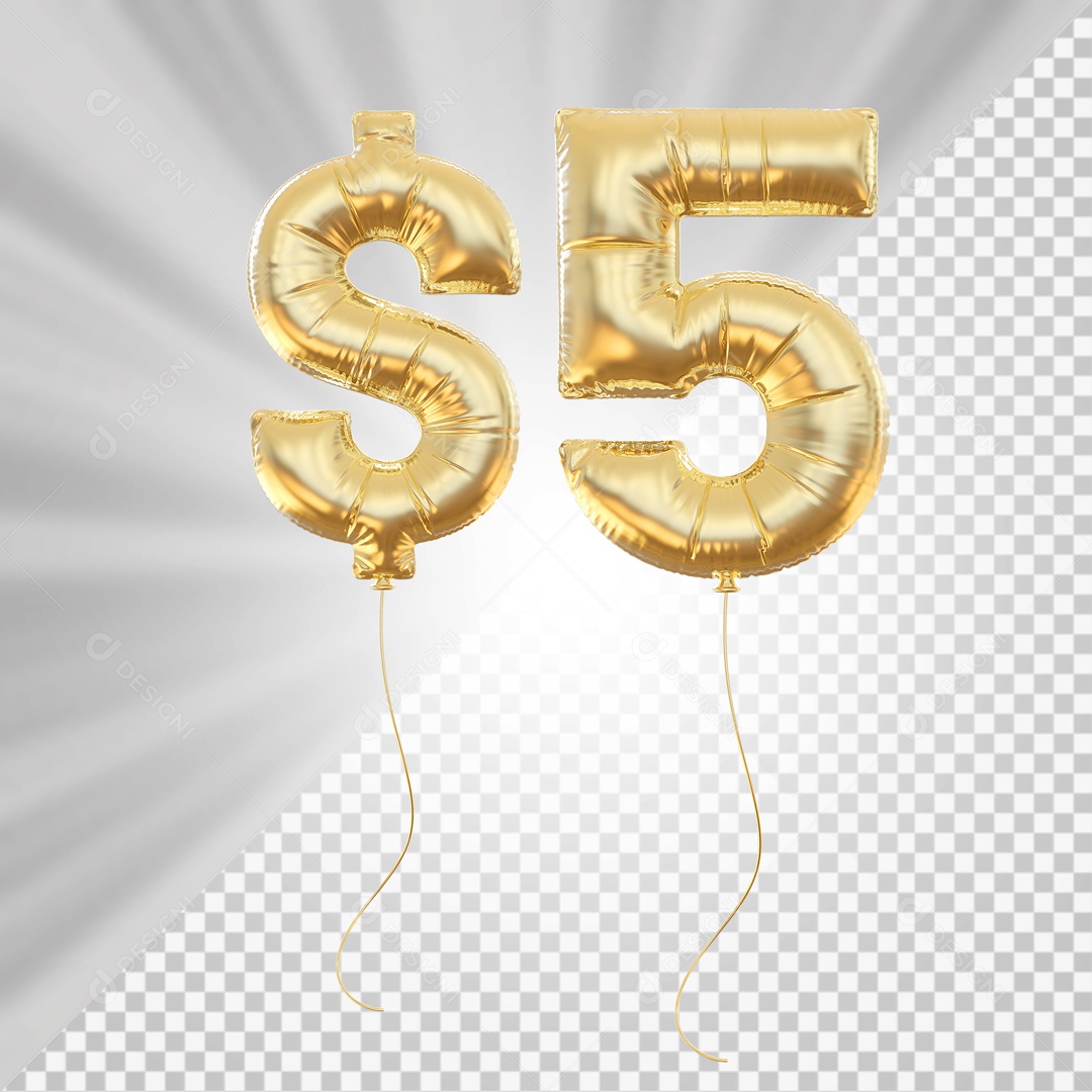 Balões Número 5 com Cifrão Elemento 3D para Composição PSD