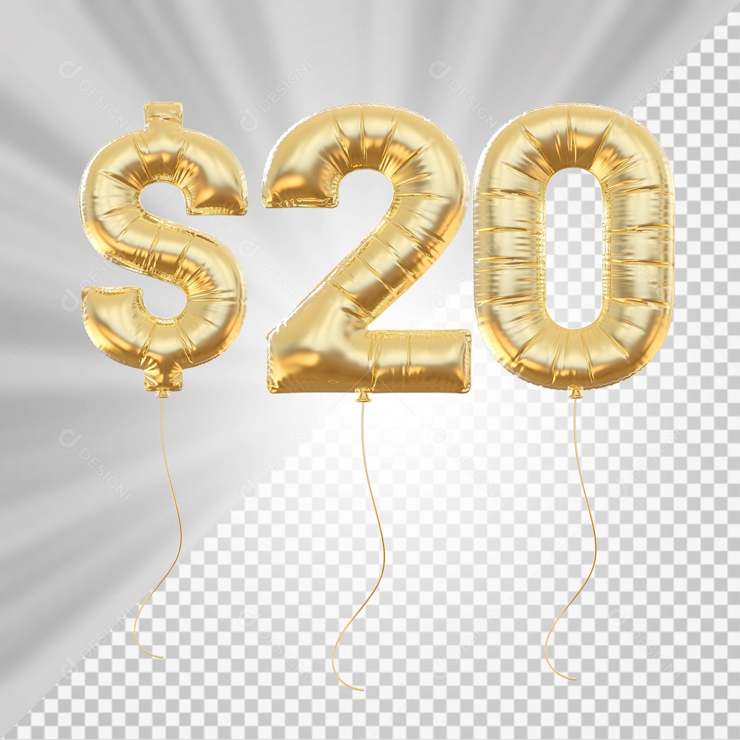 Balões Número 20 com Cifrão Elemento 3D para Composição PSD
