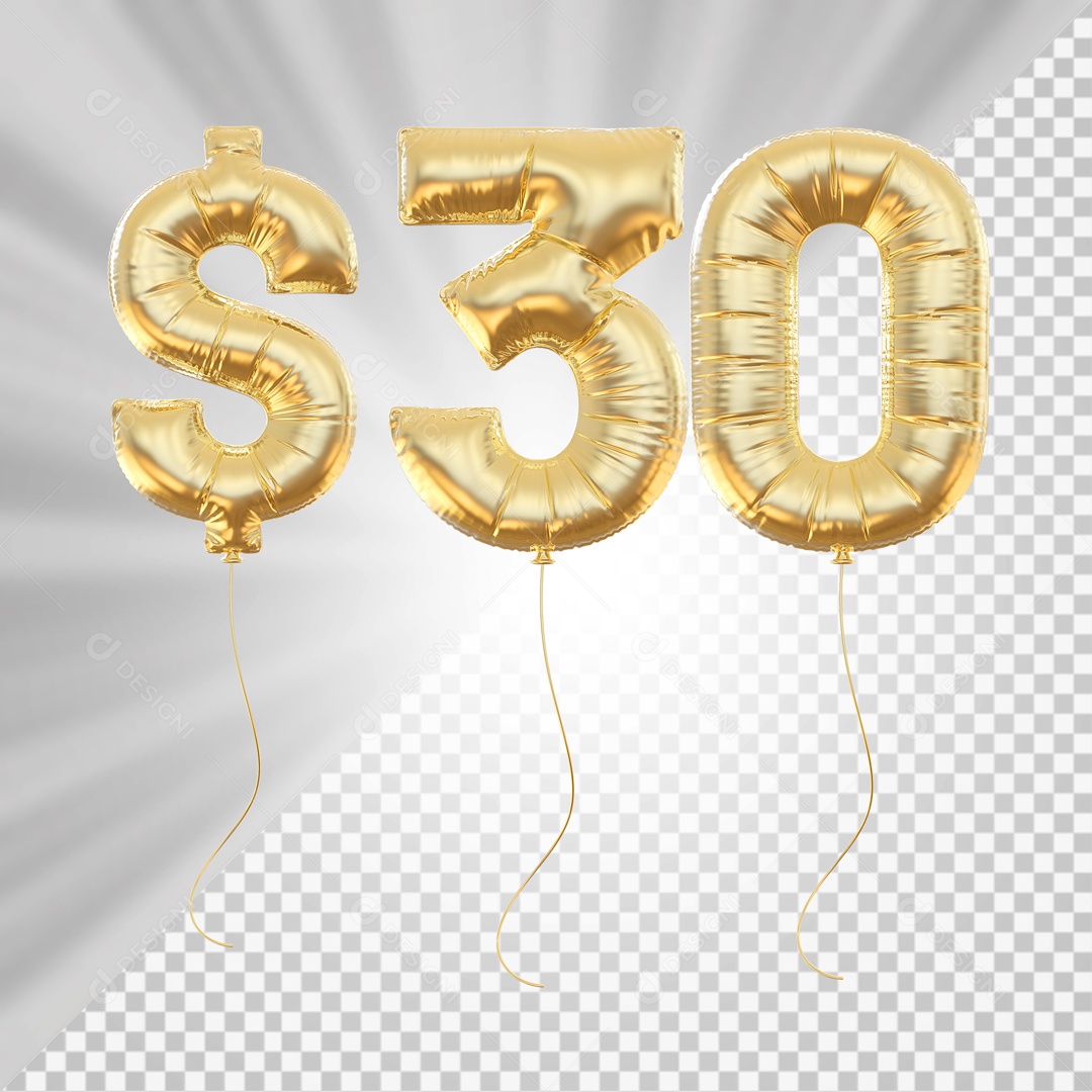 Balões Número 30 com Cifrão Dourado Elemento 3D para Composição PSD