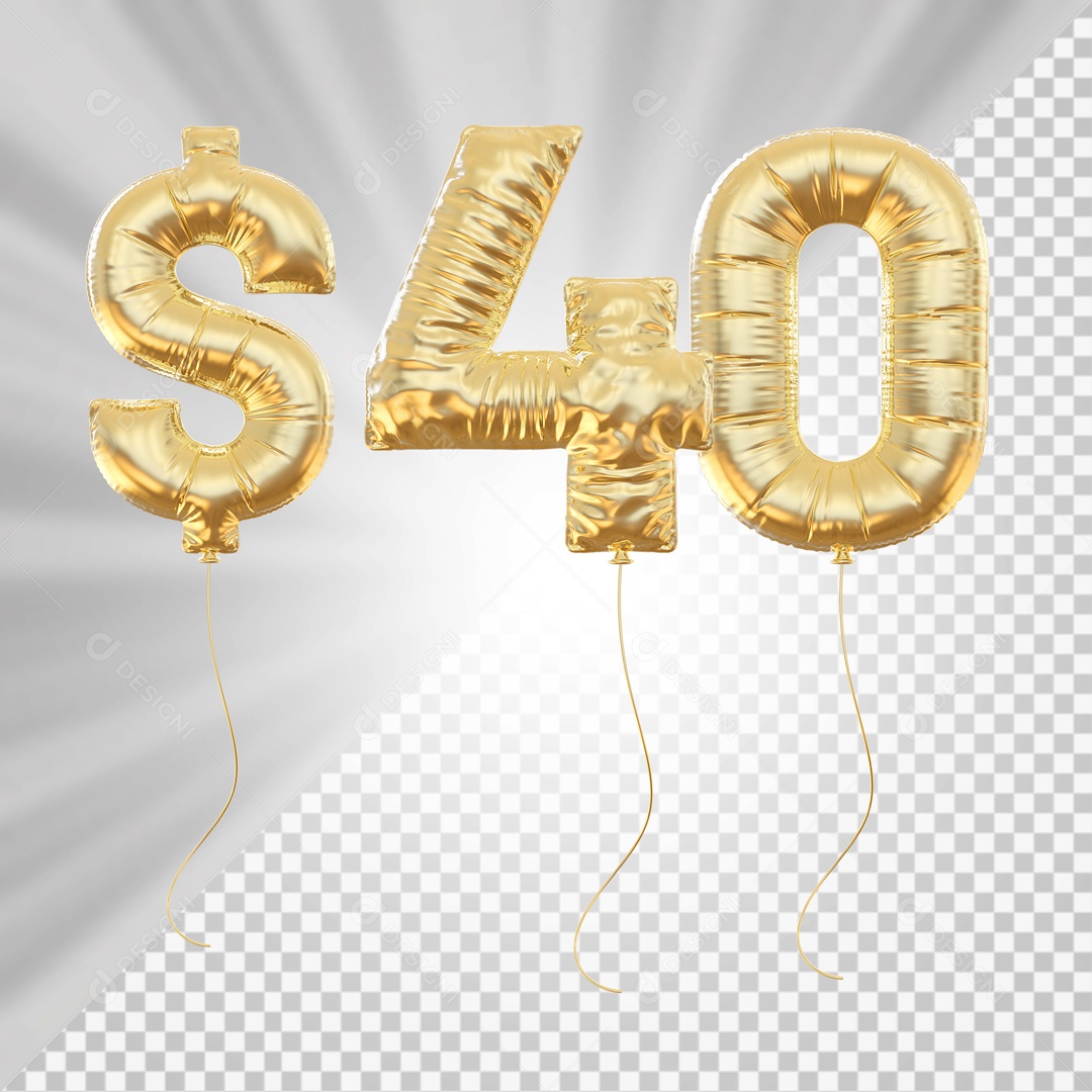 Balões Número 40 com Cifrão Elemento 3D para Composição PSD