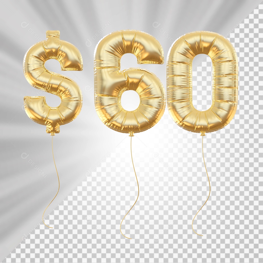 Balões Número 60 com Cifrão Elemento 3D para Composição PSD